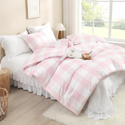 Andency Pink Checkered Comforter Full(79x90Inch), Plaid Gingham Buffalo Plaid Grid Bedding Sets for Girls Kids Women Kids Teens, 3 Pieces Lightweight Microfiber Geometric Preppy Bed Set