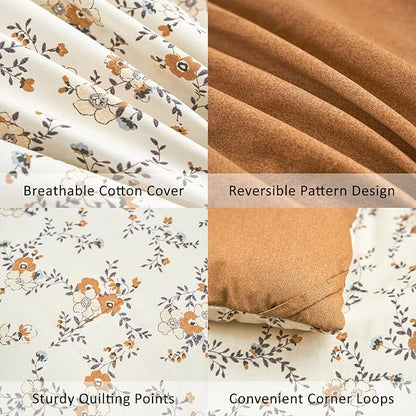 Burnt Orange Floral Cotton Comforter King Size - Delicate Tiny Flowers and Gray Branches on White, Textured Rust Back, 3PC Luxurious Lightweight Bedding Set with Ultra-Soft Alternative Fill