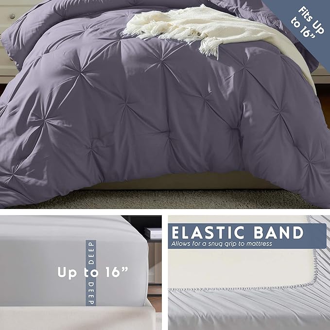 Nestl Twin XL Comforter Set 5 Piece - Pintuck Twin XL Bedding Set Dusty Purple, College Dorm Essentials Bed in a Bag, Twin XL Comforter Set for College Girls and Boys with Sheets, Pillowcase and Sham