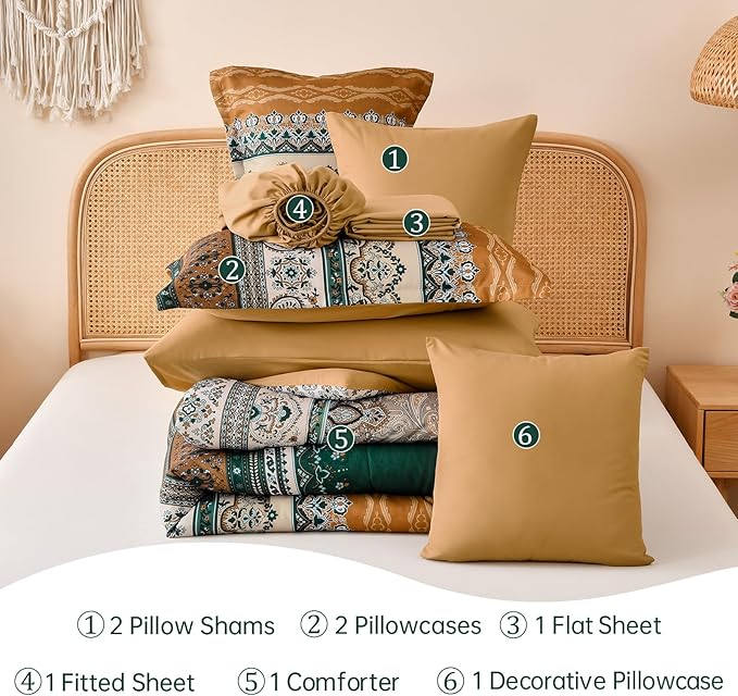 Cottolester Boho Comforter Set Queen Size,8 Pieces Brown and Green Bohemian Striped Bed in a Bag,Paisley Soft Microfiber Bedding Comforter Set