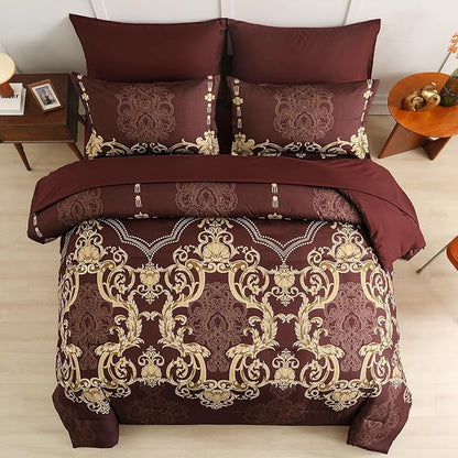 Mybedsoul 7 Pieces Burgundy Comforter Set King Size, Damask Bed in a Bag for King Bed, Lightweight Microfiber Boho Bedding Sets with Comforter, Sheet, Pillowcases & Shams for All Season(90"x104")