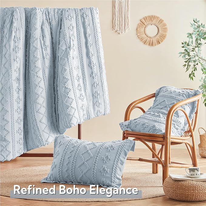 MR&HM Dusty Blue Boho Comforter Set Queen, Tufted Boho Bedding Set, Farmhouse Shabby Chic Bed in a Bag with 1 Comforter, 2 Pillow Shams, 2 Pillowcases, 1 Flat Sheet, 1 Fitted Sheet for All Seasons