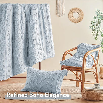 MR&HM 7 Pieces Boho Comforter Set, Dusty Blue Tufted Boho Bedding Set, Farmhouse Shabby Chic Bed in a Bag with 1 Comforter, 2 Pillow Shams, 2 Pillowcases, 1 Flat Sheet, 1 Fitted Sheet for All Seasons