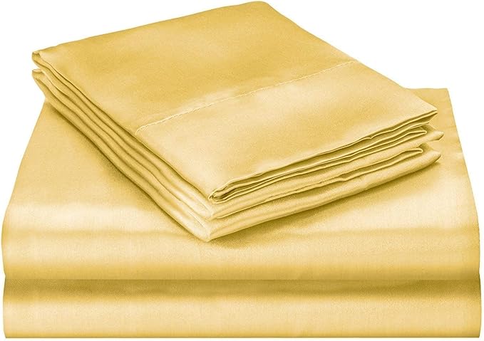 100% Pure Silk Satin Sheet Set 4pcs, Silk Fitted Sheet 15" Deep Pocket Mattress fit,Silk Flat Sheet&Silk Pillowcases Set Cool Soft Silk Sheets|Wrinkle Free Fade Resistant Full XL Gold