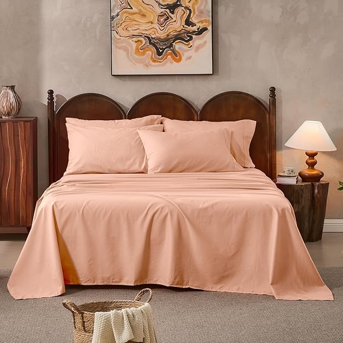 100% Linen Sheets Queen Size,Breathable & Durable 4-Piece Bed Flax Sheet Set,Soft All-Season Bedding for Hot Sleepers 16" Deep Pocket Oeko-TEX Certified,（Queen, Light Red）