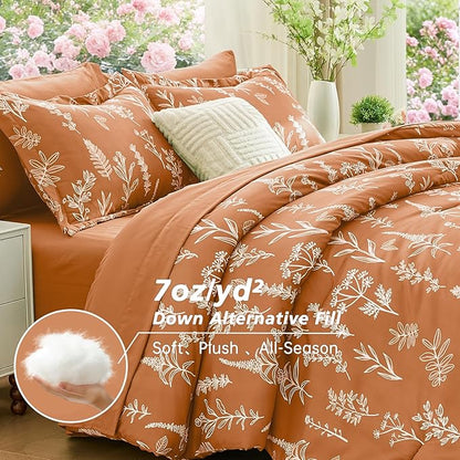 MUXHOMO Burnt Orange Bed in a Bag Queen 7 Pieces, Queen Comforter Set Reversible Botanical Flowers Design, Ultra Soft & Breathable Bedding Sets with Comforter, Sheets, Pillowcases & Shams