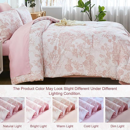 DJY King Size Comforter Set, 7 Pieces Bed in a Bag King Pink Botanical Comforters with Sheets Elegant Plants Print Christmas Soft Microfiber Reversible Complete Bedding Sets for All Season