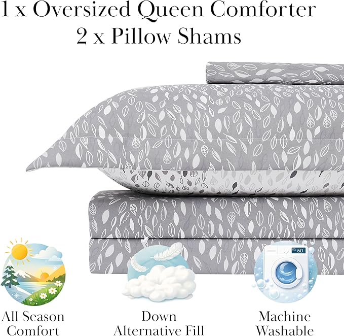 Southshore Fine Living, Inc. Botanical Leaves Collection - Full/Queen Bed Comforter Set, Premium Quality, All-Season Down Alternative, Easy Care, Oversized 3-Piece Comforter Set, Full/Queen, Grey