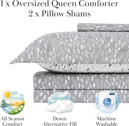 Southshore Fine Living, Inc. Botanical Leaves Collection - Full/Queen Bed Comforter Set, Premium Quality, All-Season Down Alternative, Easy Care, Oversized 3-Piece Comforter Set, Full/Queen, Grey