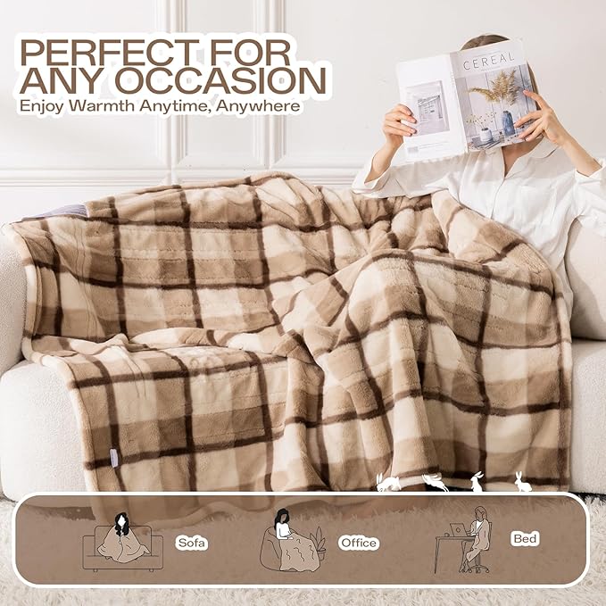 Heated Blanket Electric Throw, 50" x 60" Luxury Faux Rabbit Fur Blanket with 8 Heat Levels & 8 Hours Auto Off, Soft Cozy Sherpa Fuzzy Heating Blankets with ETL & FCC Certified, Washable, Brown Plaid