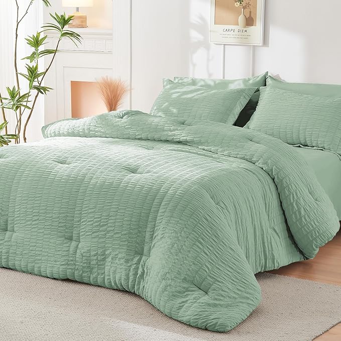 HYMOKEGE Sage Green Twin Comforter Set Seersucker 5 Pieces, All Season Luxury Bed in a Bag for Bedroom, Bedding Set with Comforters, Sheets, Pillowcase & Sham