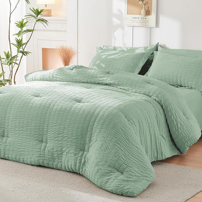 HYMOKEGE Sage Green Twin Comforter Set Seersucker 5 Pieces, All Season Luxury Bed in a Bag for Bedroom, Bedding Set with Comforters, Sheets, Pillowcase & Sham