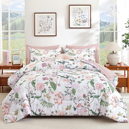Anibedding 7Pieces Floral King Size Comforter Set, Garden Plant Style Bed in a Bag Pink Flower Bedding Comforter Set with Pillow Case for Bedroom