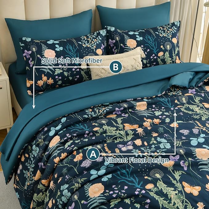 Yiran Comforter Set Queen Size, 7 Piece Peacock Blue Floral Comforters Lightweight Bedding Set Bed in a Bag Soft Microfiber Complete Botanical Beds Sets with Sheets for All Season Winter Spring