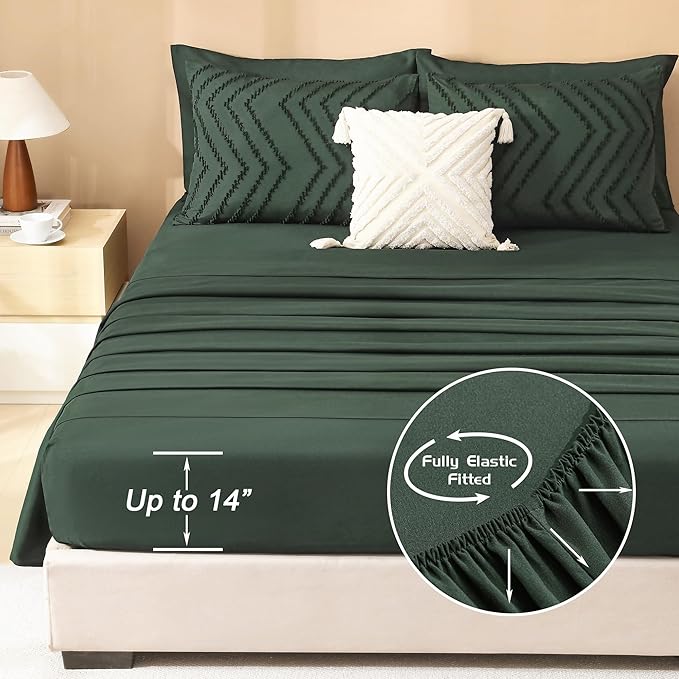 Litanika Forest Green California King Size Comforter Set with Sheets - 7 Pieces Bed in a Bag King Boho Tufted Complete Beddding Sets with Comforter, Sheets, Pillowcases & Shams