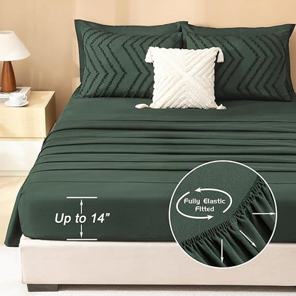 Litanika Forest Green California King Size Comforter Set with Sheets - 7 Pieces Bed in a Bag King Boho Tufted Complete Beddding Sets with Comforter, Sheets, Pillowcases & Shams
