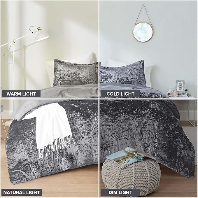 Comfort Spaces Juliette Luxe Comforter Set Velvet Lush with Soft Brushed Microfiber Reverse, All Season Cozy Velvet Bedding Sets, Fluffy Comforter Bed Set, Matching Sham, Grey Twin/Twin XL 2 Piece