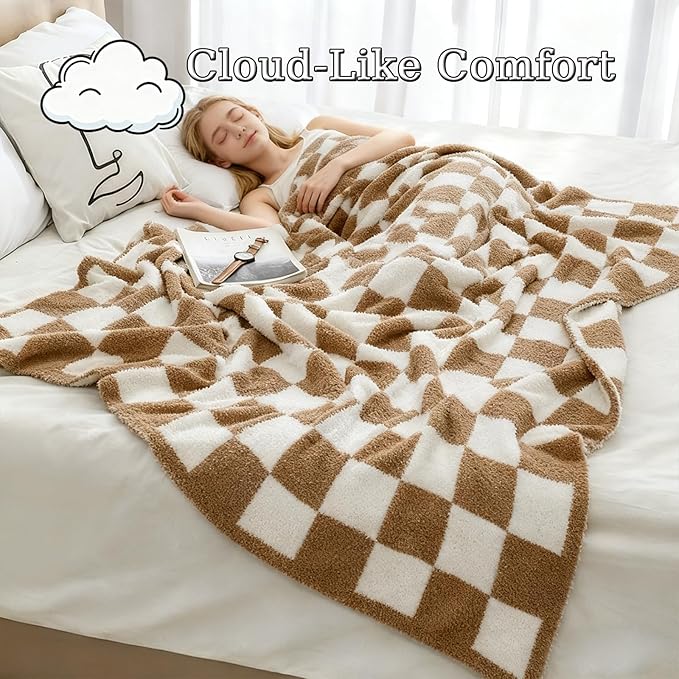 MorroMorn Checkered Throw Blanket for Couch, 2-Layers Soft Cozy Fleece Plaid Blankets Checkerboard Grid - Fluffy Fuzzy Plush Warm for Sofa Chair Bed Fall Home Decor Gifts (Camel, Throw 50"x60")