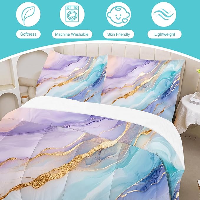 Watercolor Marble Comforter Set Twin Size, Colorful Bedding Set for Girls Boys Kisd Women, Purple Pink Blue Gold Bedroom Decor, Soft Microfiber Bed Set with 1 Comforter + 1 Pillowcase