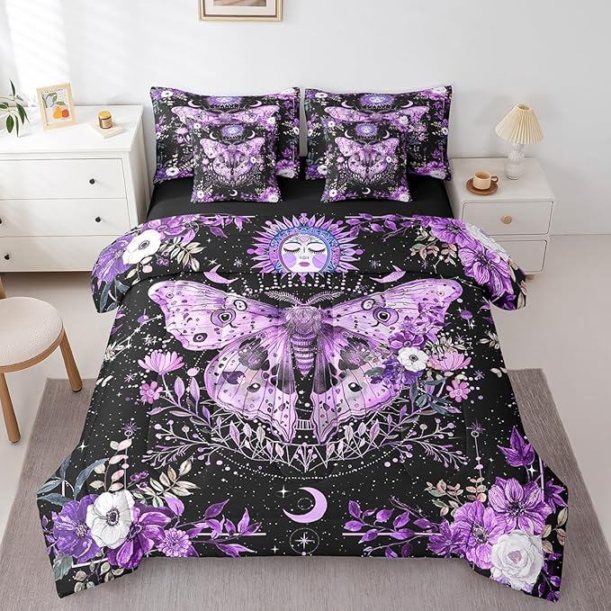 Feelyou Purple Death Moth Bedding Set with Comforter, Boho Moth Comforter King Size 7Pcs Sun Moon Butterfly Bed in a Bag with Comforter, Boho Floral Flat Sheet, Fitted Sheet, Pillowcases Room Decor