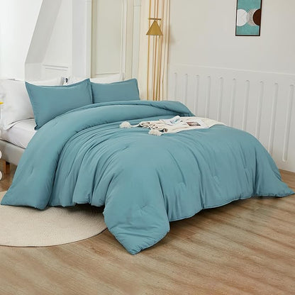 Litanika Grayish Teal Comforter King Size, 3 Pieces Lightweight Solid Bedding Set, All Season Fluffy Bed Set (104x90In Comforter & 2 Pillowcases)