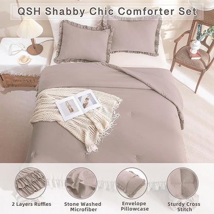 QSH Shabby Ruffled Comforter Set 3 Pieces, Lightweight Taupe Bed Comforter,Microfiber Inner Fill Bedding King Size