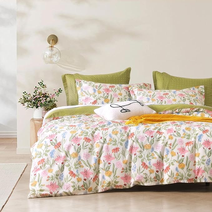 Luxurious Cotton 3pcs Floral Comforter Sets King Size - Blush, Yellow & Blue Spring Garden Floral Prints on White, Warm Olive Green Reverse,Vintage Lightweight Bedding Sets(King 104"×90")