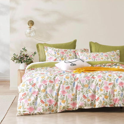 Luxurious Cotton 3pcs Floral Comforter Sets King Size - Blush, Yellow & Blue Spring Garden Floral Prints on White, Warm Olive Green Reverse,Vintage Lightweight Bedding Sets(King 104"×90")