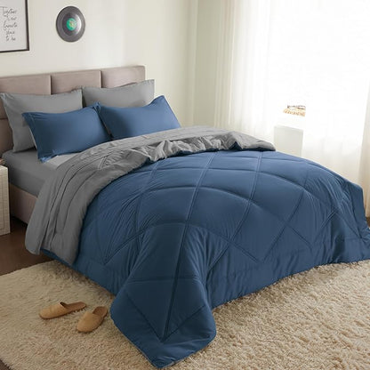 Joiedomi Queen Comforter Set with Sheets Navy Blue, 7 Pieces Queen Bed Set with 1 Down Alternative Comforter, 1 Flat Sheet, 1 Fitted Sheet, 2 Pillowcases and 2 Pillow Shams, Bed in a Bag All Seasons