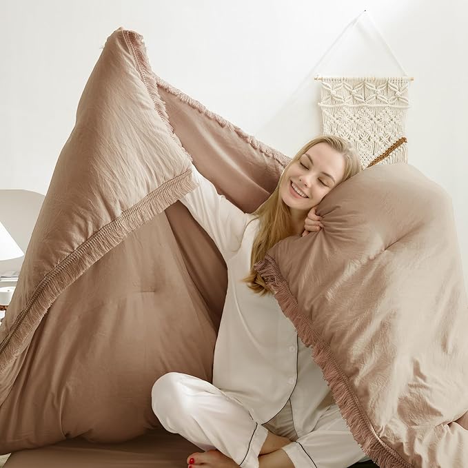 Andency Taupe Comforter Set Full Size, 3 Pieces Boho Tassel Lightweight Bedding Comforter Sets, Tan All Season Soft Fluffy Fringe Bed Set (79x90In Comforter & 2 Pillowcases)