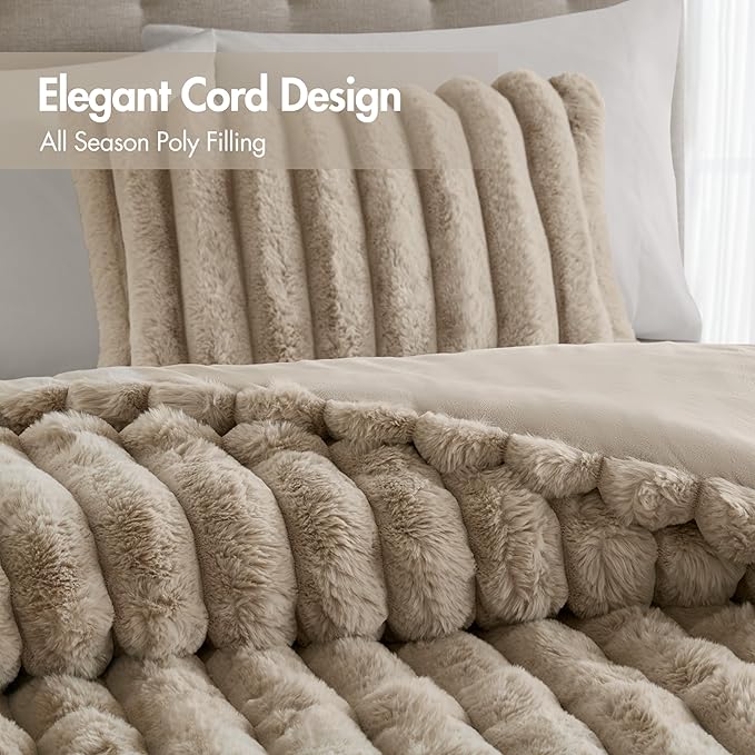 Madison Park Jasmine King Comforter Set, Luxurious Reversible Faux Fur Plush Ribbed Velvet Bedding, Fuzzy Thick Warm Winter Comforter, Super Soft Fluffy 3-Piece Set Taupe