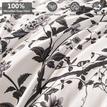 King Size Comforter Set - 7 Pieces Bed in a Bag Soft Microfiber Bedding Comforter Set Leaves Floral Pattern on White Comforter Sets with Sheets for All Seasons (King, Black)