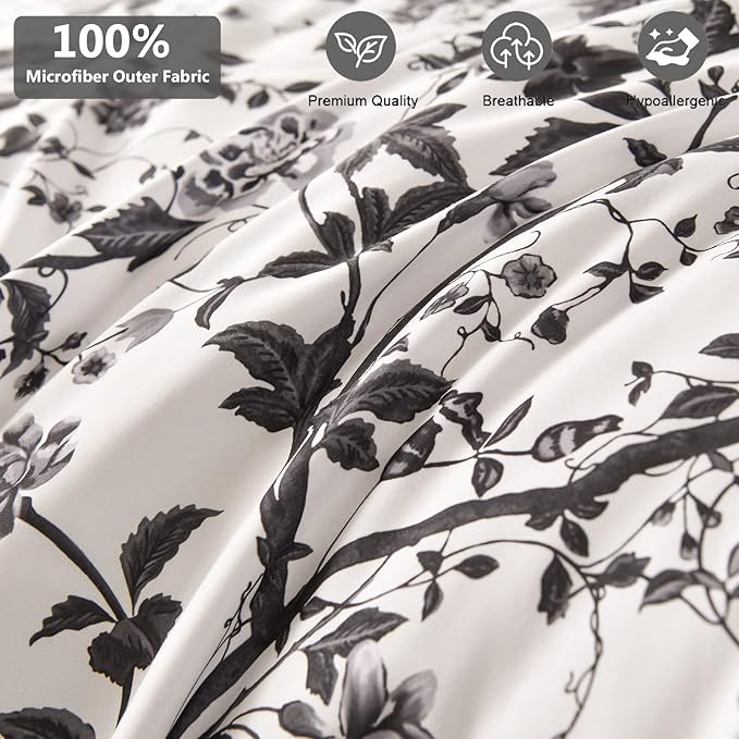 Comforter Set for Queen Bed -7 Pieces Bed in a Bag Soft Microfiber Bed Set Black Leaves Floral Pattern on White Spring Queen Comforter Sets with Sheets for All Seasons (Queen, Black)