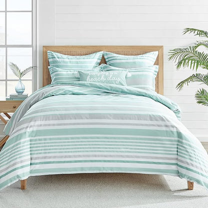 Levtex Home - Truro Spa Duvet Cover Set - Full/Queen Duvet Cover + Two Standard Pillow Cases - Stripe - Spa, Grey and White - Duvet Cover (90 x 94in.) and Pillow Case (26 x 20in.) - Cotton