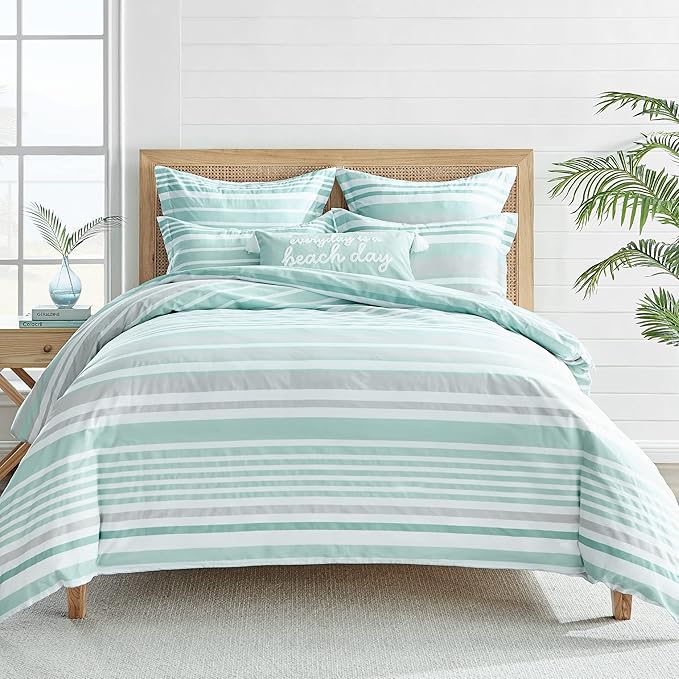 Levtex Home - Truro Spa Duvet Cover Set - King Duvet Cover + Two King Pillow Cases - Stripe - Spa, Grey and White - Duvet Cover (106 x 94in.) and Pillow Case (36 x 20in.) - Cotton