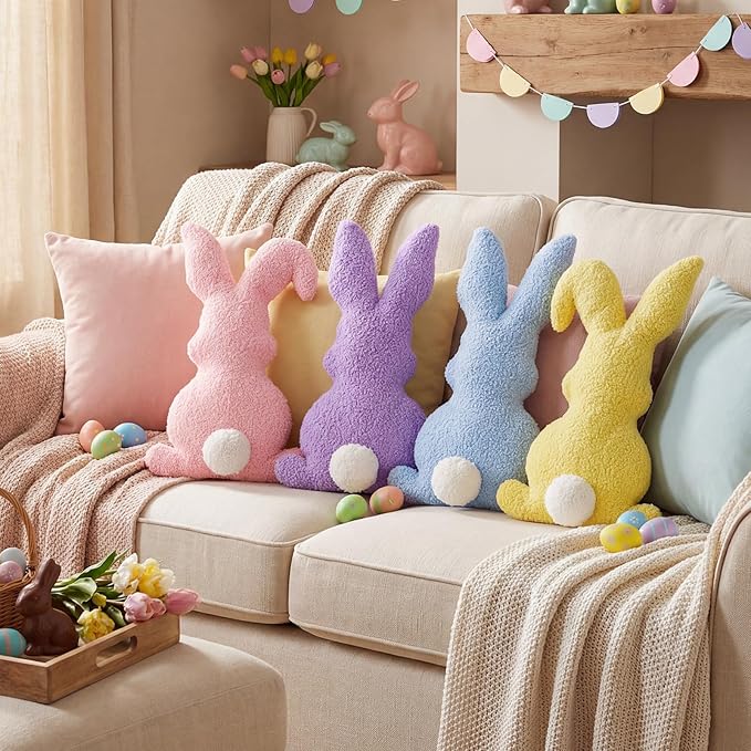 Easter Bunny Rabbit Throw Pillow: 4pcs Ultra Soft Teddy Fleece Colorful Pillows, Fluffy Bunny Shaped Cushions Easter Throw Pillows, Spring Decoration for Home, Bedroom, Living Room, Sofa and Couch