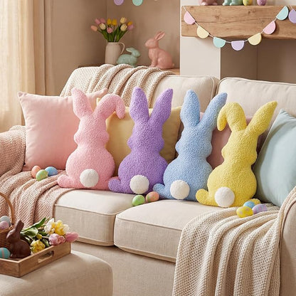 Easter Bunny Rabbit Throw Pillow: 4pcs Ultra Soft Teddy Fleece Colorful Pillows, Fluffy Bunny Shaped Cushions Easter Throw Pillows, Spring Decoration for Home, Bedroom, Living Room, Sofa and Couch