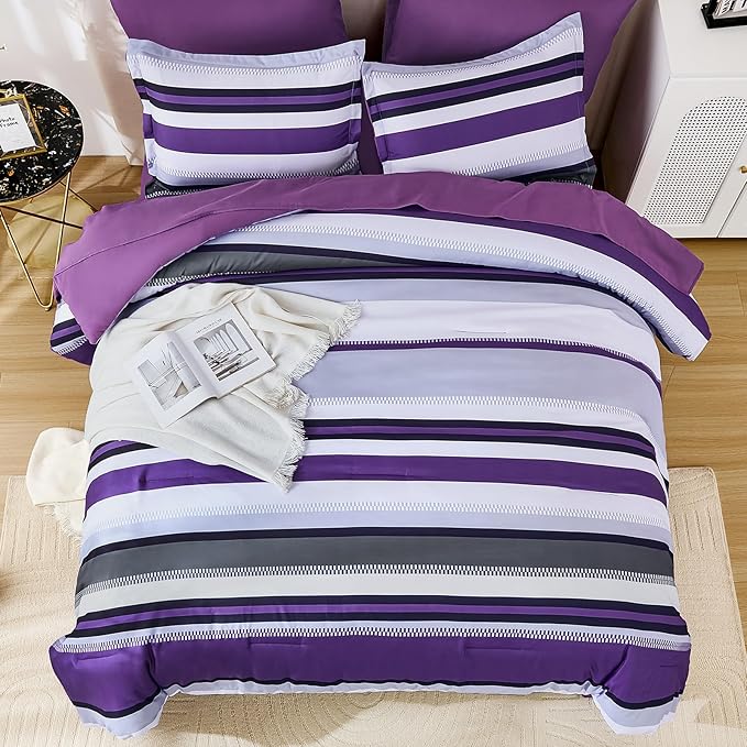 WONGS BEDDING Comforter Set King Size, Purple Bed in a Bag, 7 Pieces Comforter with Sheet Set, Striped Bedding Set for All Seaon (104"×90")