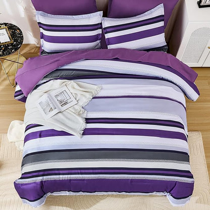 WONGS BEDDING Comforter Set King Size, Purple Bed in a Bag, 7 Pieces Comforter with Sheet Set, Striped Bedding Set for All Seaon (104"×90")