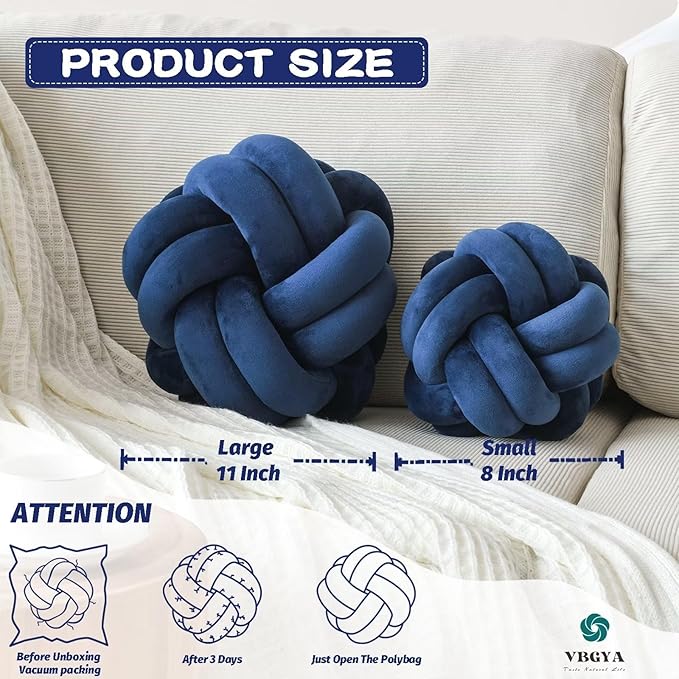 Knot Pillow Ball, Soft Decorative Throw Pillows Cushion, 11 Inch Round Plush Knotted Pillows Navy Blue Pillow, Modern Home Throw Knot Decorative Cushion for Bedroom, Sofa, Couch