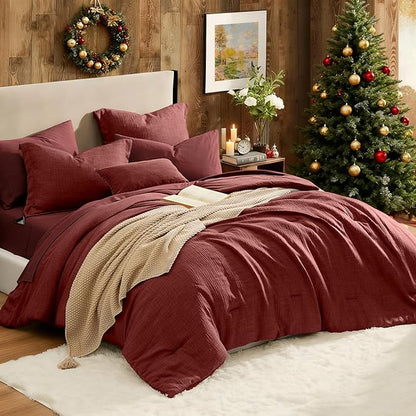 Geniospin Full Comforter Set - 7 Pieces Comforter Full Size, Solid Bedding Set for All Season, Dark Red Textured Bed in a Bag with Sheets
