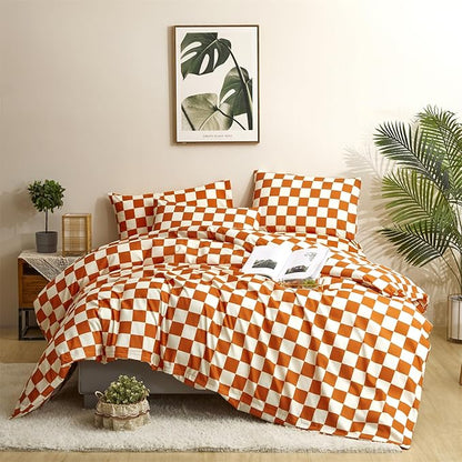 CLOTHKNOW Orange Plaid Full Size Comforter Sets Grid Bedding Comforter Sets Terracotta Checker Comforter with 2 x Pillow Cases