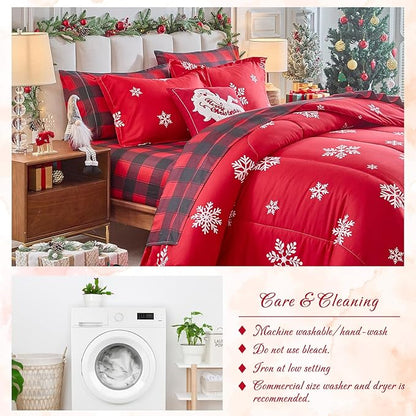 Tititada Christmas Bed in a Bag 6 Pcs Twin Size, White Snowflake on Red Holiday Bedding Comforter Set Warm for Winter(1 Comforter, 1 Flat Sheet, 1 Fitted Sheet, 2 Pillow Shams, 1 Pillowcase)
