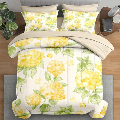 Comforter Set Full Size, Flower Yellow Hydrangea 7 Pcs Bedding for Kids and Adults, Floral Summer Rustic Bed Sheet Sets with Fitted Sheet 2 Pillowcases & 2 Shams for Bedroom Bed Decor