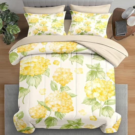 Comforter Set Full Size, Flower Yellow Hydrangea 7 Pcs Bedding for Kids and Adults, Floral Summer Rustic Bed Sheet Sets with Fitted Sheet 2 Pillowcases & 2 Shams for Bedroom Bed Decor