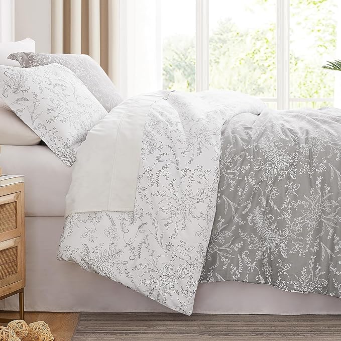 Southshore Fine Living, Inc. Twin Mattress Comforter Set, Hotel Quality Bedding, Floral Bedspread with Matching Pillow Sham for Twin/XL Beds, Reversible Bed Comforter, Winter Brush Grey/White
