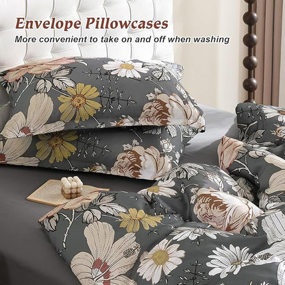 Luxudecor Queen Comforter Set 7 Pieces Bedding Sets,Gray Floral Comforter and Sheet Set,Soft Microfiber Bed in a Bag for All Seasons (Gray,90"x90")