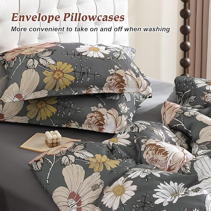 Luxudecor King Comforter Set 7 Pieces Bedding Sets,Gray Floral Comforter and Sheet Set,Soft Microfiber Bed in a Bag for All Seasons (Gray,104"x90")