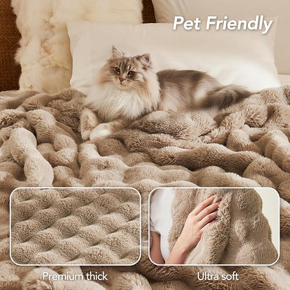L'AGRATY Faux Fur Throw Blanket: 60" x 80" Luxury Soft Fluffy Rabbit Fur Blankets Twin for Couch Bed Sofa - Cozy Plush Bubble Blankets for Winter: Flannel Fleece Decorative Blanket(Light Linen)