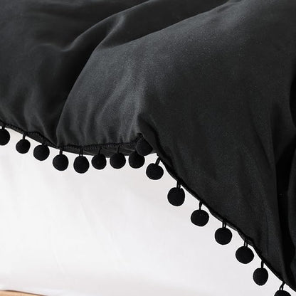 YIRDDEO Queen Comforter Set - Comforter Queen Size Sets with Ball Pom Fringe, Soft Bedding Set for All Seasons - 3 Pieces, 1 Comforter (90"x90") & 2 Pillow Shams (20"x26"), Black